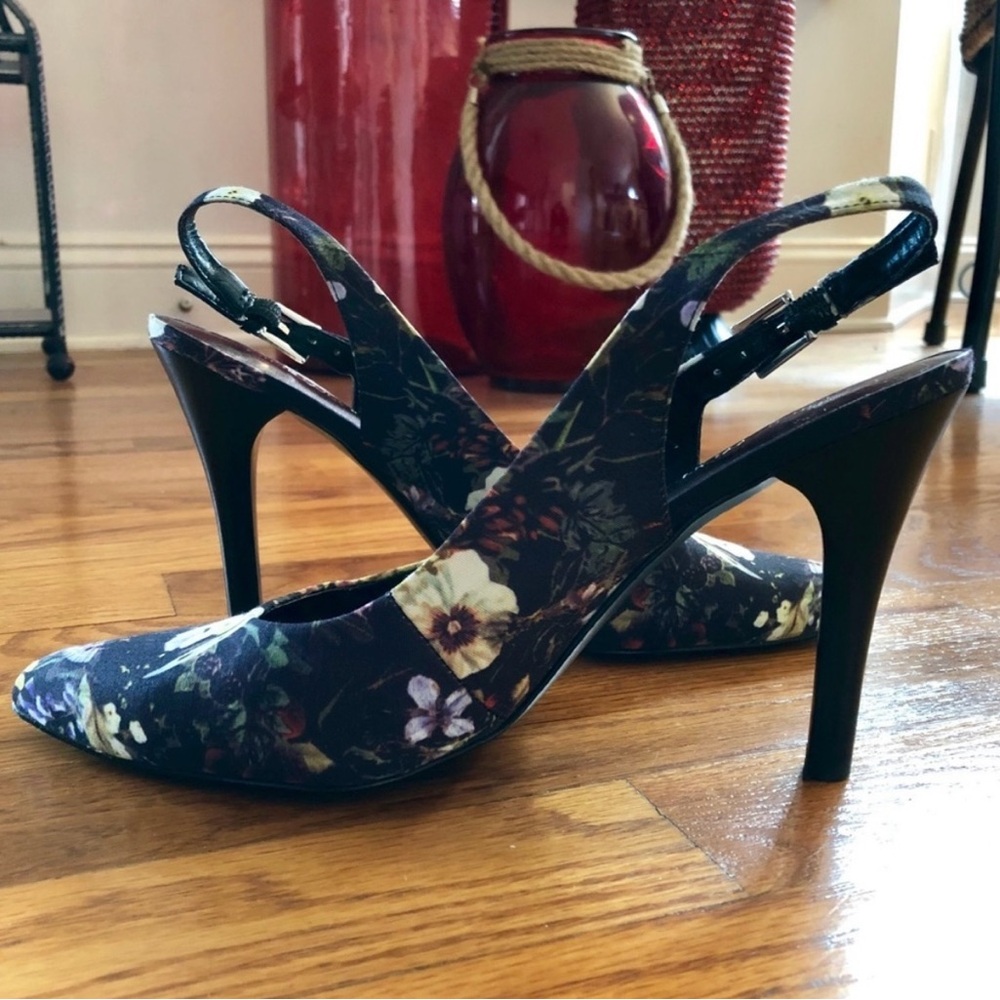 Nine West Grace Black Floral slingback Heels shoes size 8.5